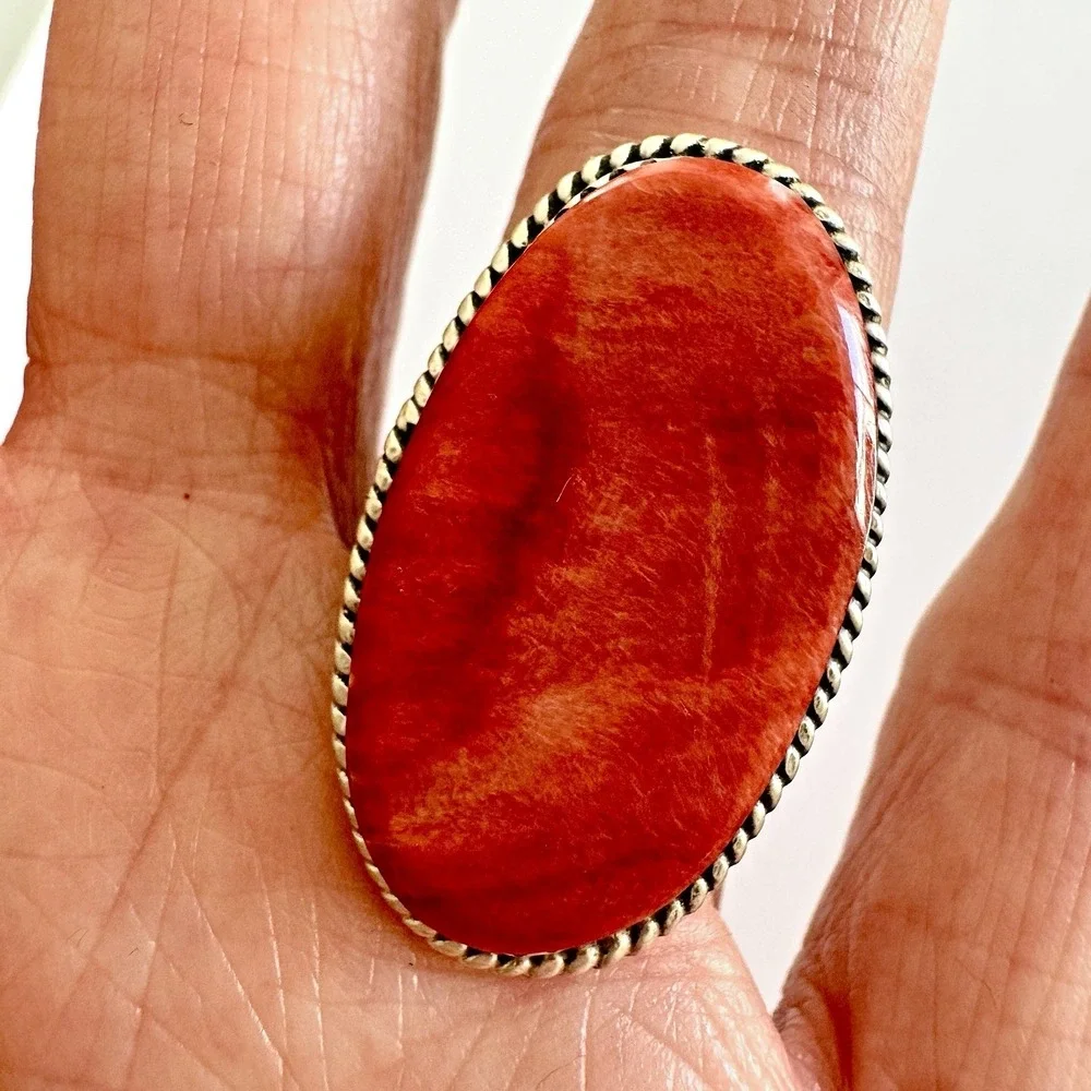 Navajo Orange Spiny Oyster Ring Sz 9 Flat Cab Sterling Signed‎ Selina Warner USA